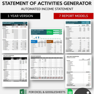 Non Profit Organization Income Statement Generator | NGO Statement of Activities Report | Simple Bookkeeping for Excel and Googlesheets